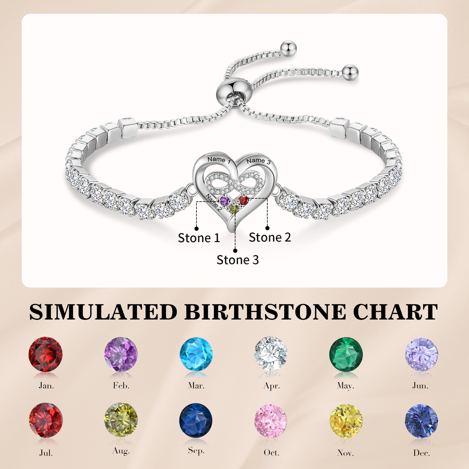 Personalised Birthstone Heart Tennis Infinity Loop Bracelet