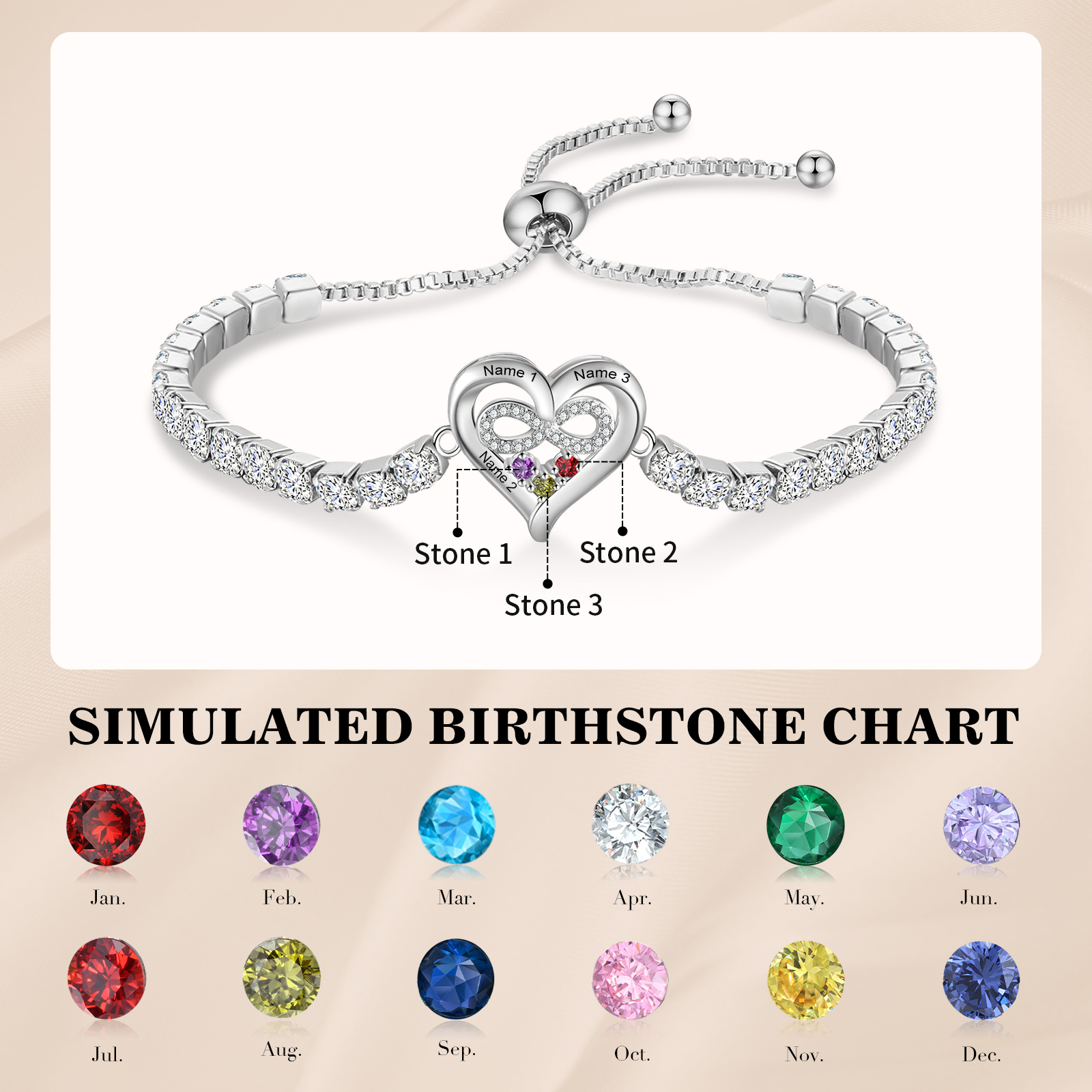 Personalised Birthstone Heart Tennis Infinity Loop Bracelet