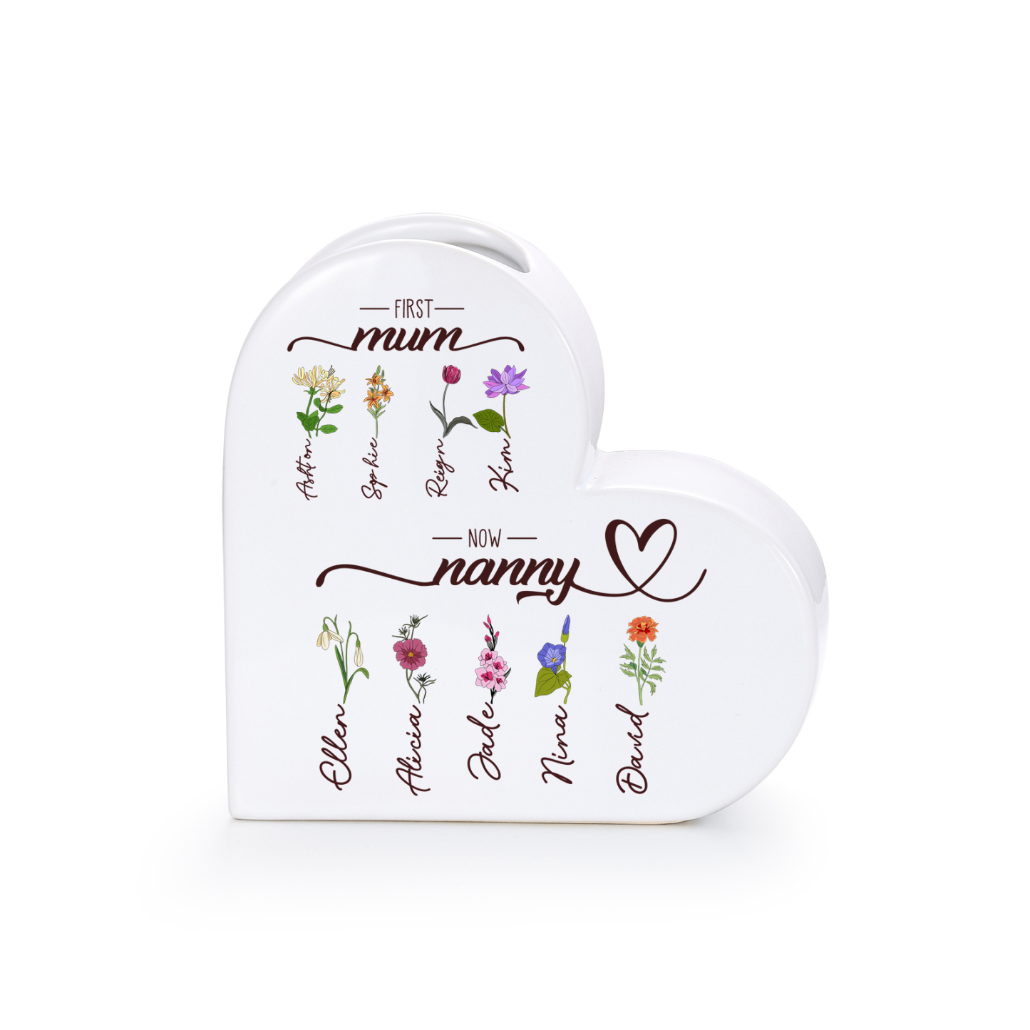 Personalised heart-shaped Ceramic Vase “First Mum, now Grandma”, personalised with 2–10 Birth flowers and Names