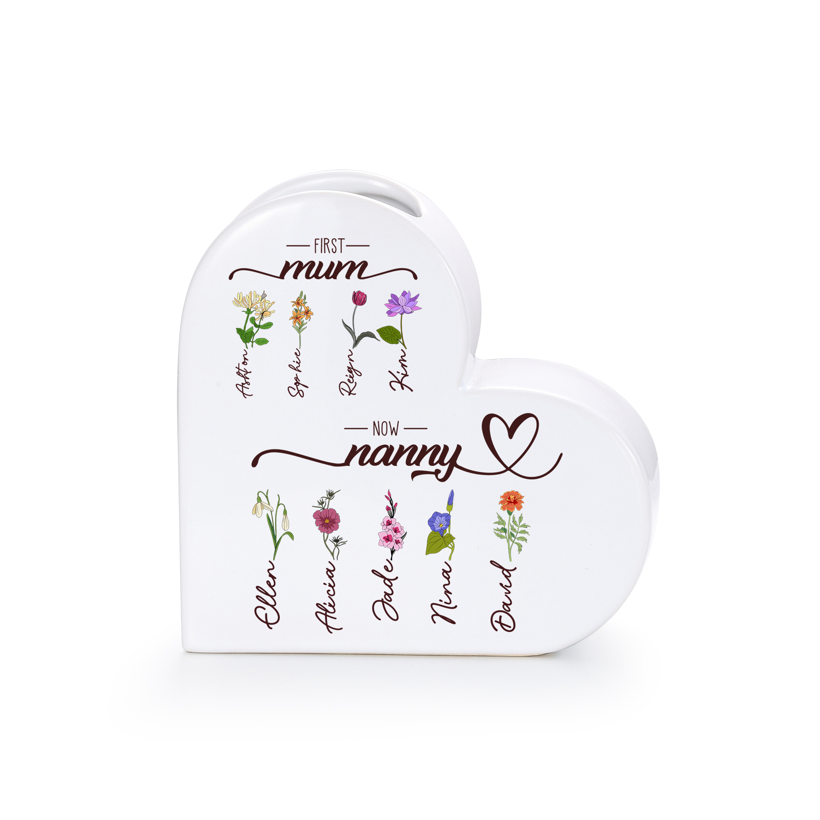 Personalised heart-shaped Ceramic Vase “First Mum, now Grandma”, personalised with 2–10 Birth flowers and Names