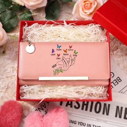 Personalised women’s wallet with floral and butterfly motif, designed with 2 to 8 first names