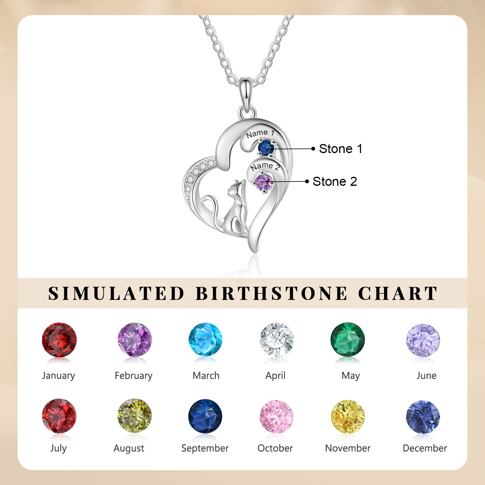 Personalised Cat Heart Necklace with Birthstones