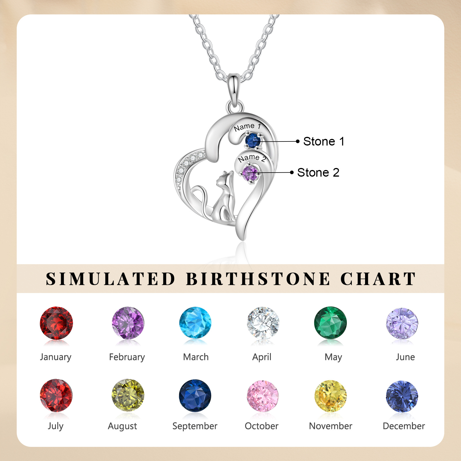 Personalised Cat Heart Necklace with Birthstones