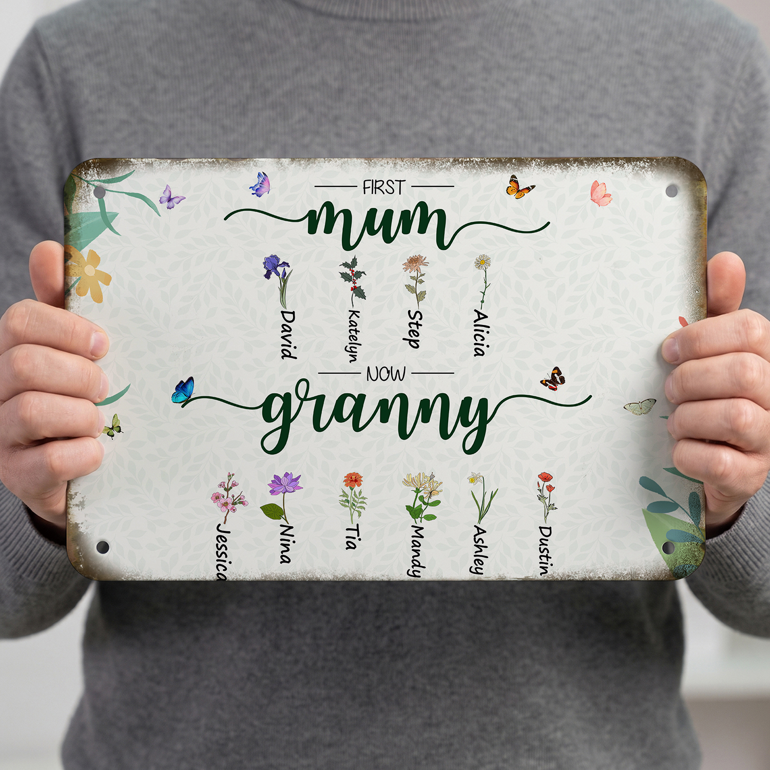 Personalised Floral Metal Garden Sign, First Mum Now Grandma Metal Plaque