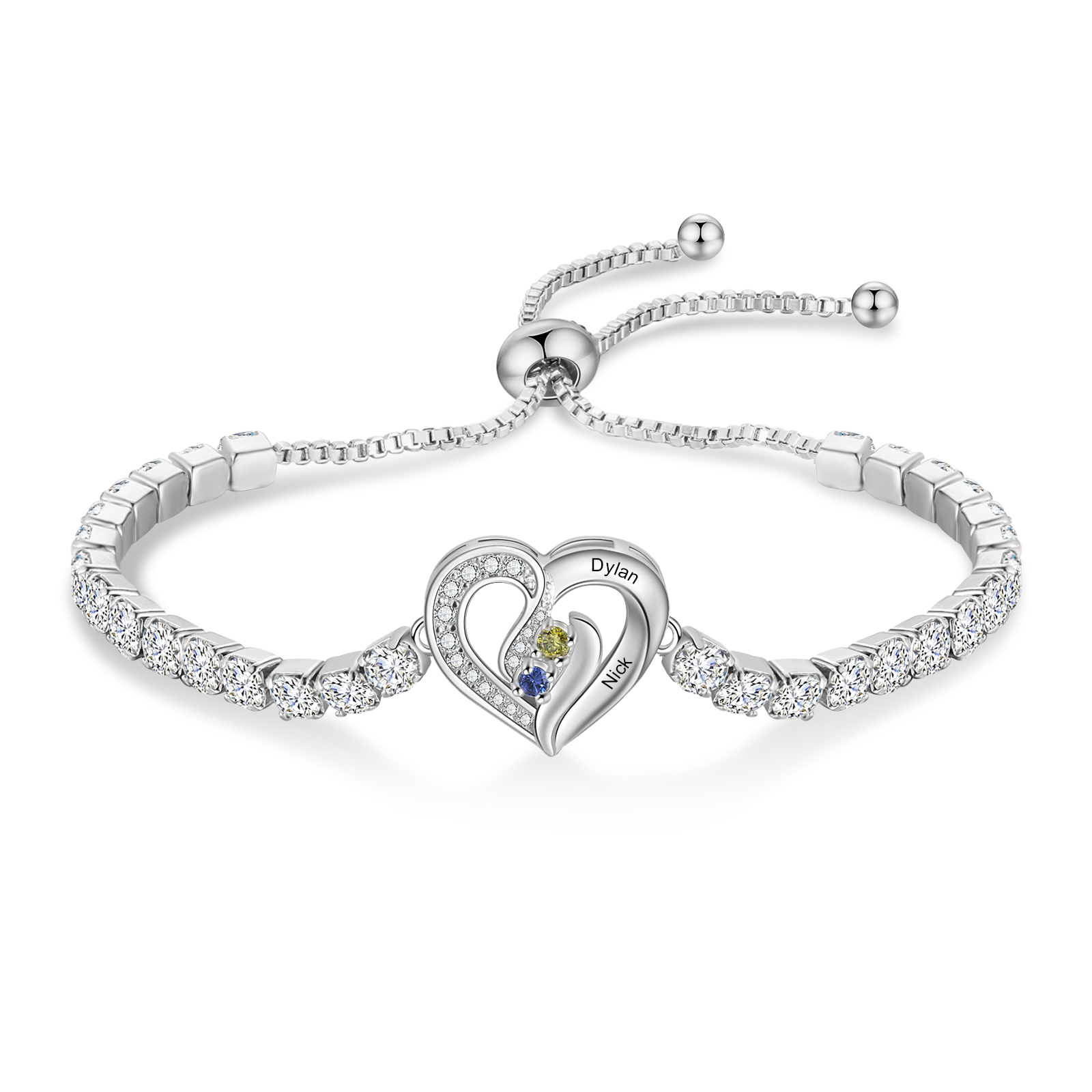 Personalised 2-5 Names Diamond Heart Birthstone Tennis Bracelet