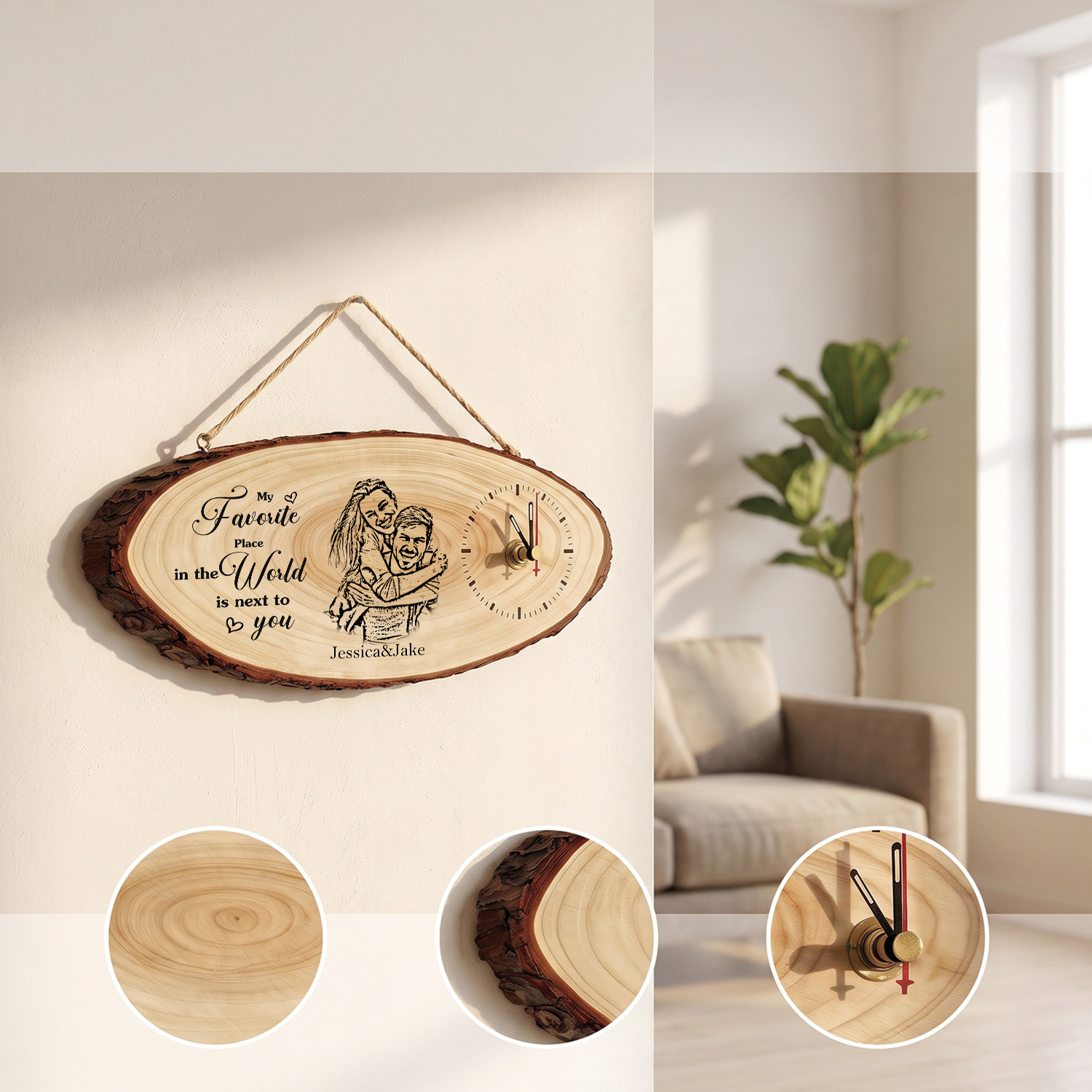 Personalised Wooden Wall Clock with Couple’s Photo, 2 Names and Custom Photo