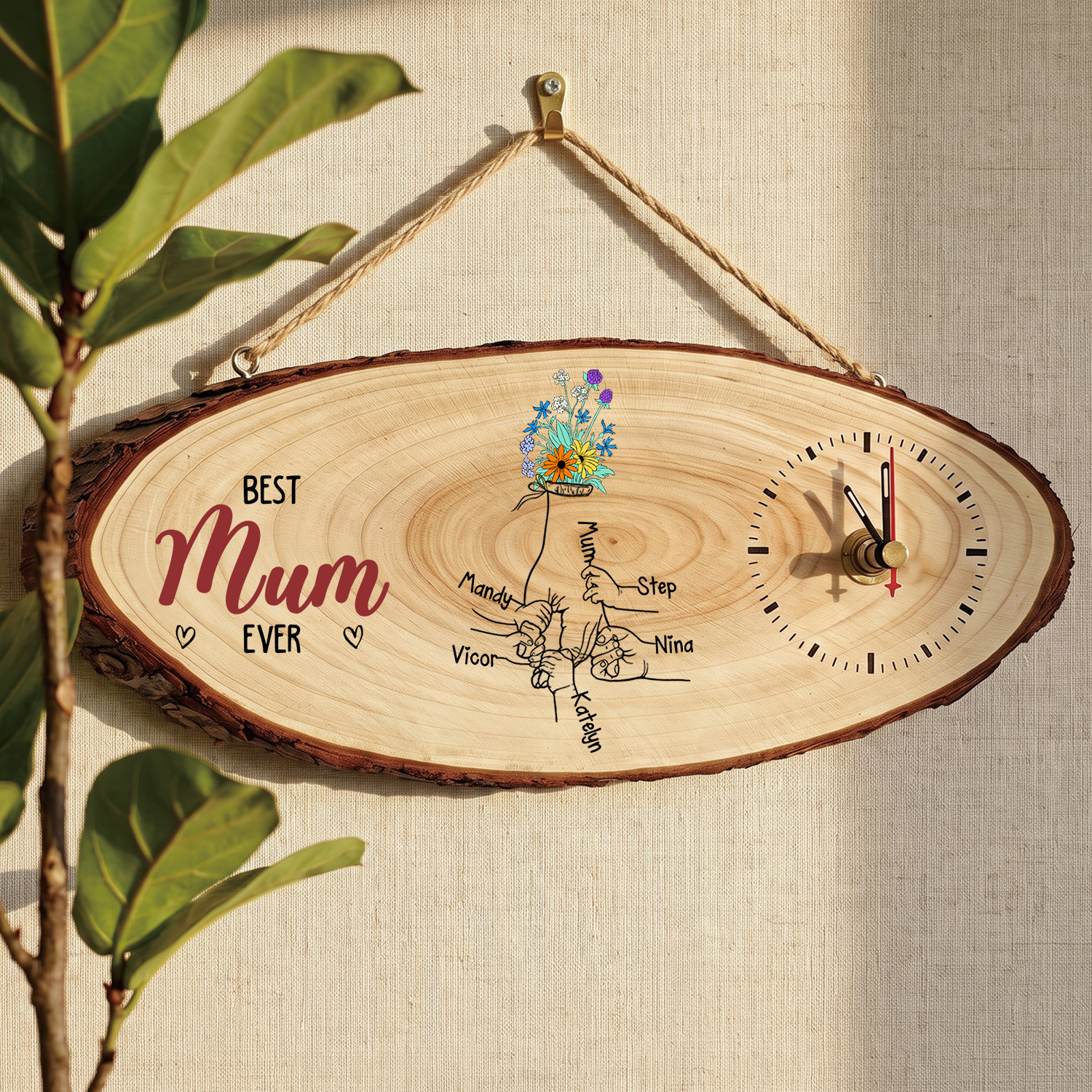 Personalised Wooden Clock “Best Mum/Grandma in the World” with 1 to 6 Names