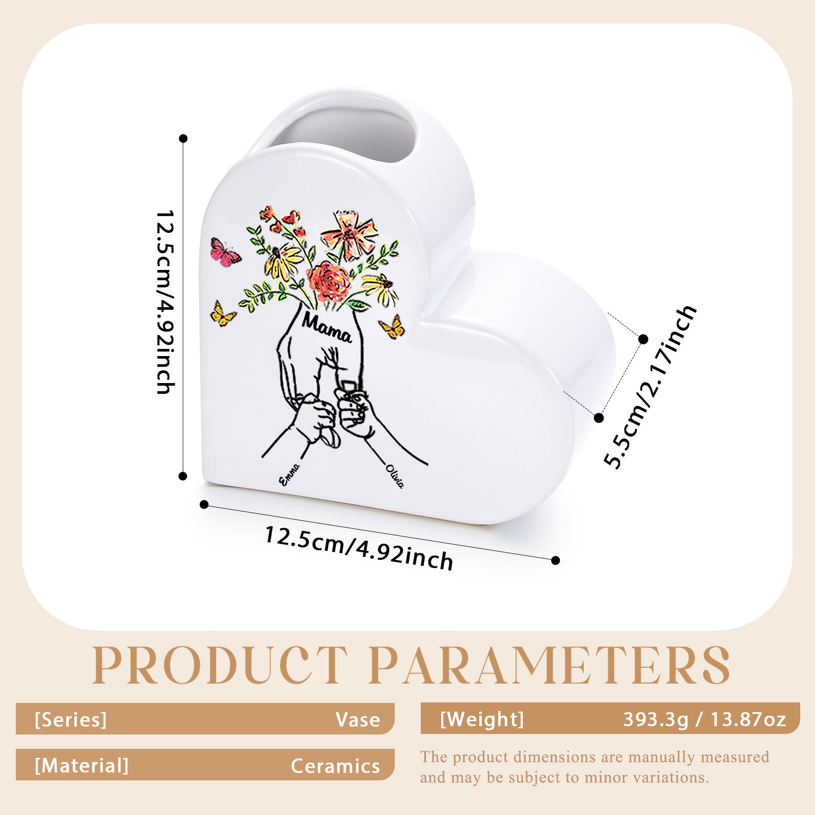 Personalised Ceramic Heart Vase with Text and 2 to 8 Names for Mum or Grandma