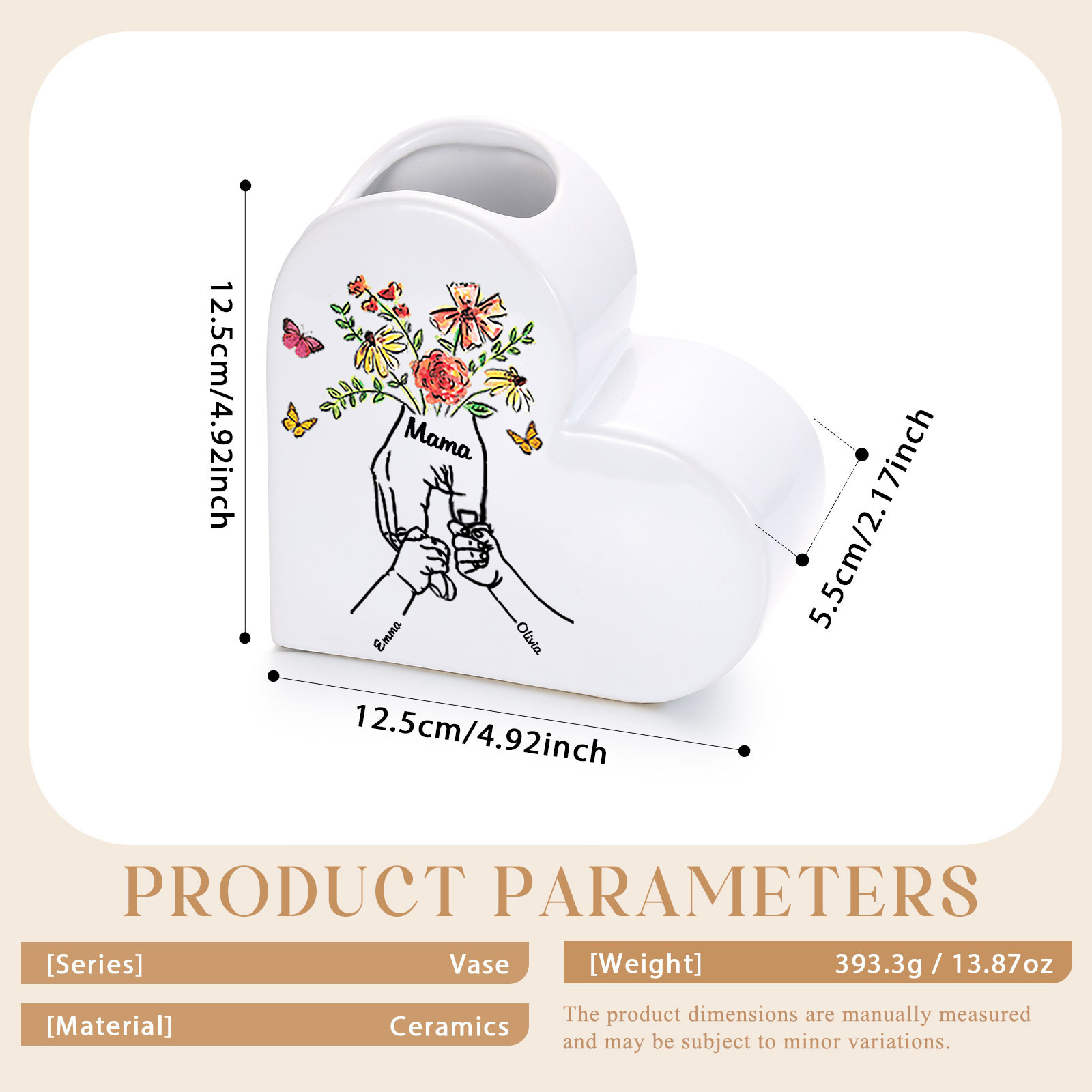 Personalised Ceramic Heart Vase with Text and 2 to 8 Names for Mum or Grandma