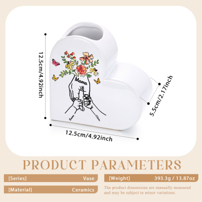 Personalised Ceramic Heart Vase with Text and 2 to 8 Names for Mum or Grandma