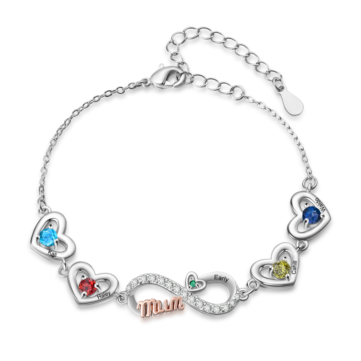Personalised 2-6 Names Infinity Mum Heart Birthstone Bracelet