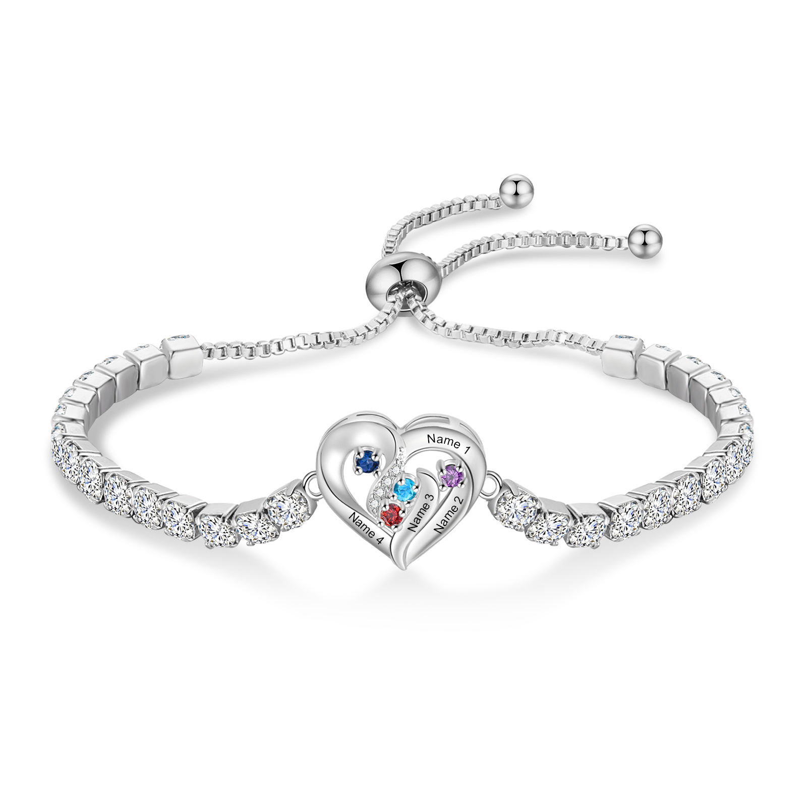 Personalised 2-5 Names Diamond Heart Birthstone Tennis Bracelet