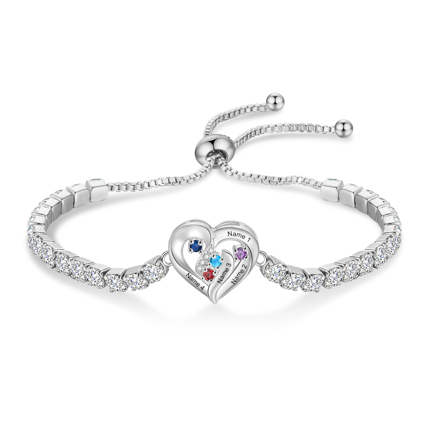Personalised 2-5 Names Diamond Heart Birthstone Tennis Bracelet