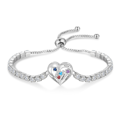 Personalised 2-5 Names Diamond Heart Birthstone Tennis Bracelet