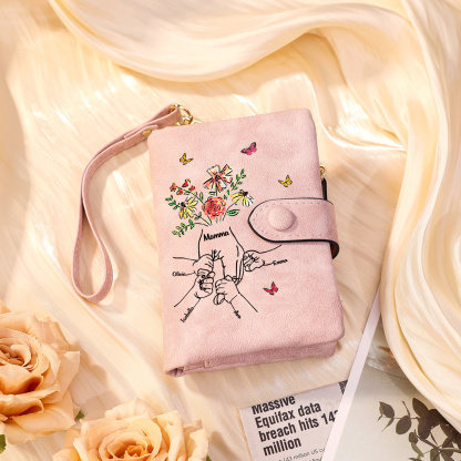 Personalised Wallet with flowers and a hand-in-hand design, with 3 to 6 names – for Mum/Grandma
