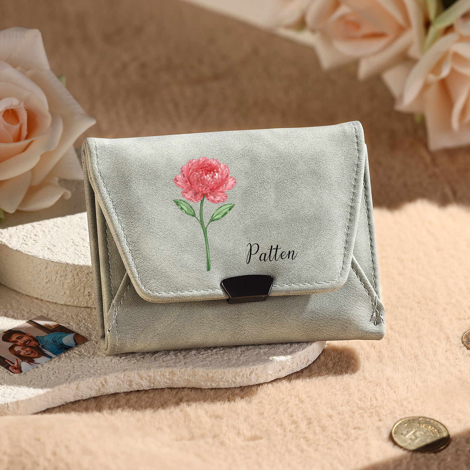 Personalised women’s leather wallet with birth flower and name