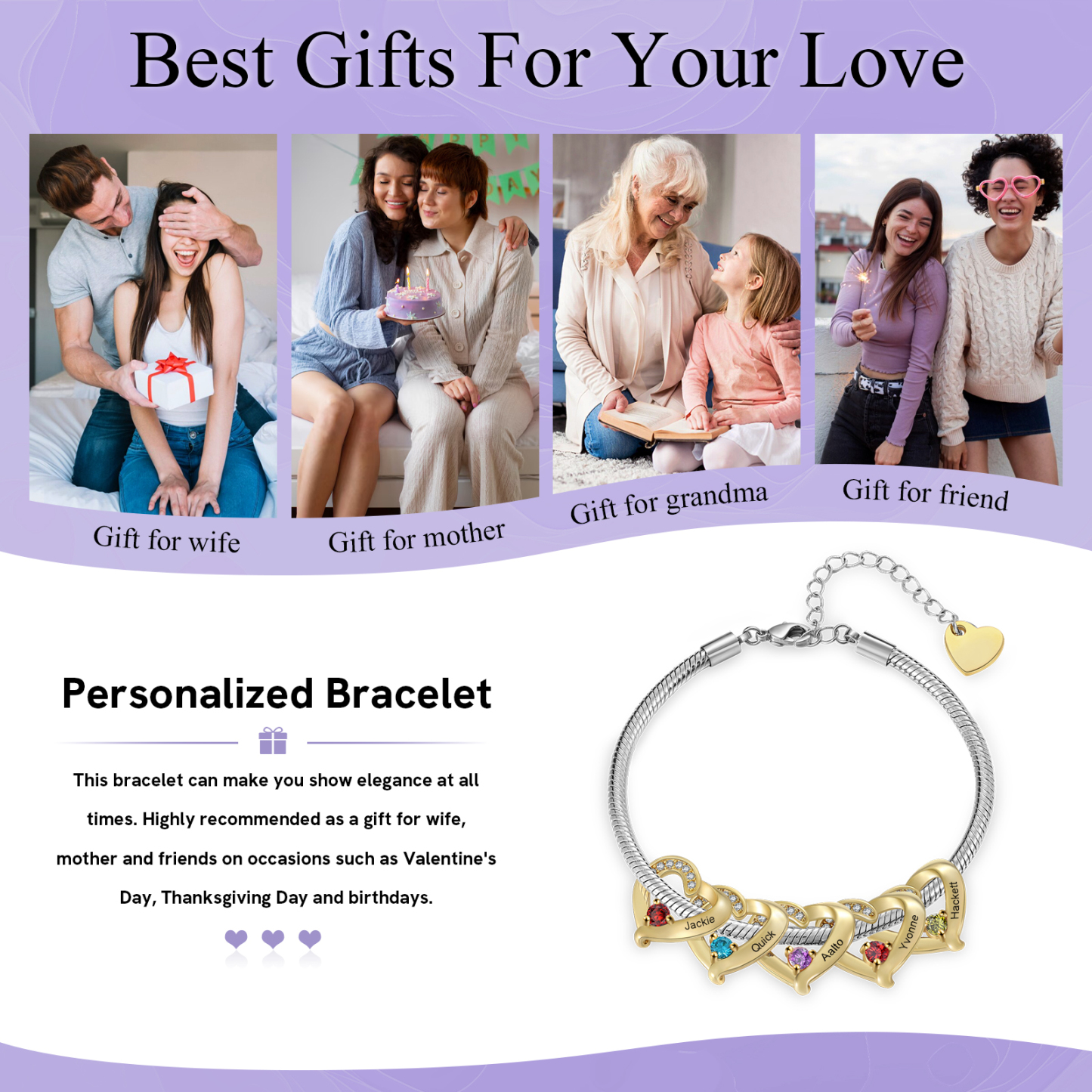 Personalised Bracelet with 1-5 Names and Birthstones Heart Bracelet for Women | Jessemade