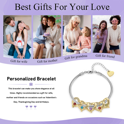 Personalised Bracelet with 1-5 Names and Birthstones Heart Bracelet for Women | Jessemade