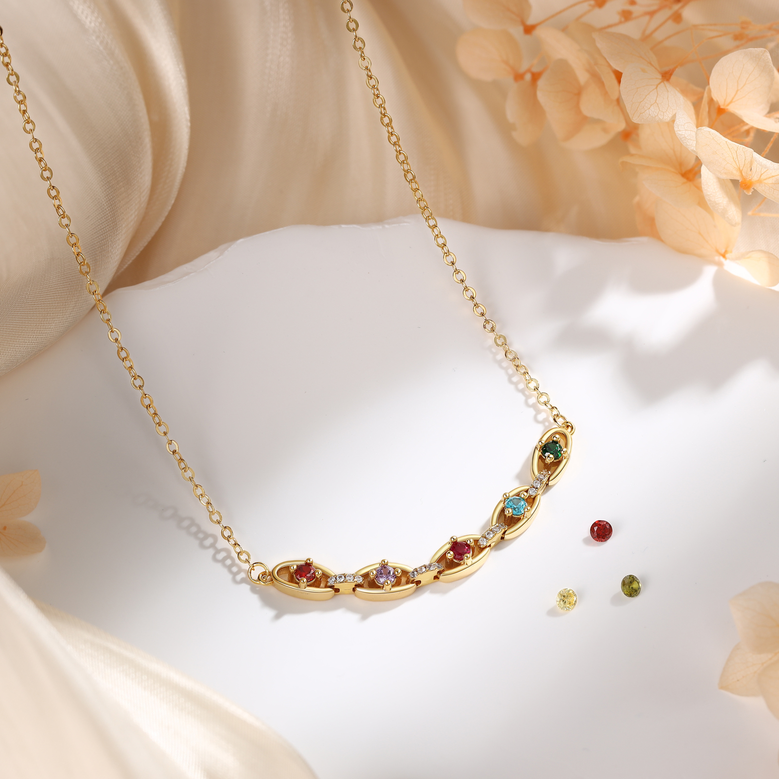 Personalised 2-5 Birthstones Gold Chain Necklace for Women