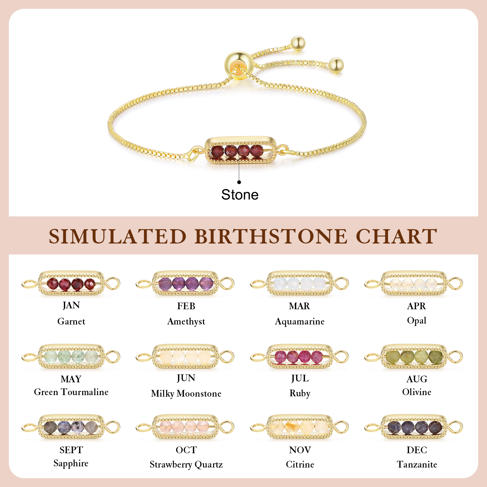 Personalised bar bracelet with birthstone, adjustable in a minimalist design