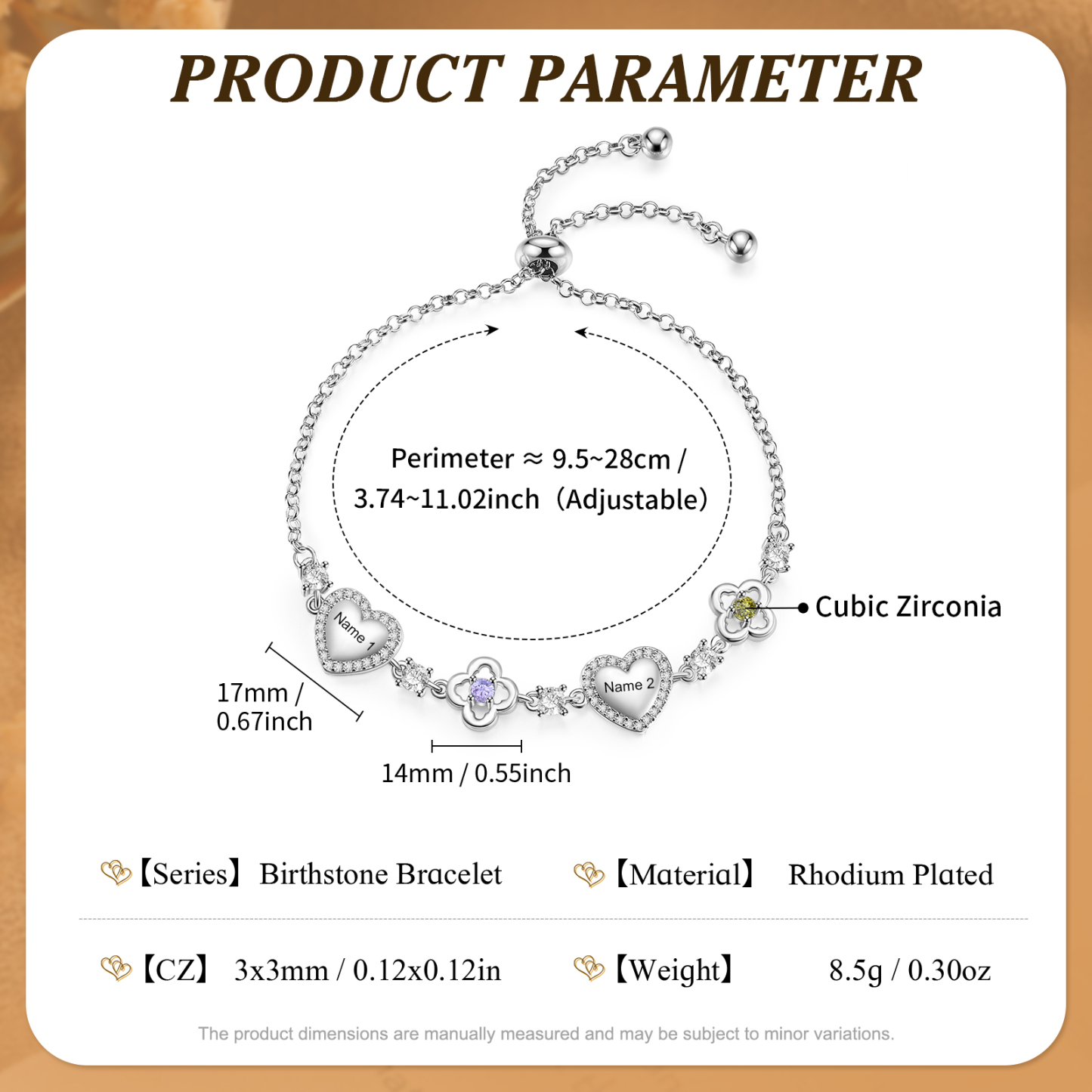 Personalised Birthstone Bracelet with Heart and Flowers, Customised with 2–5 Names and Stones