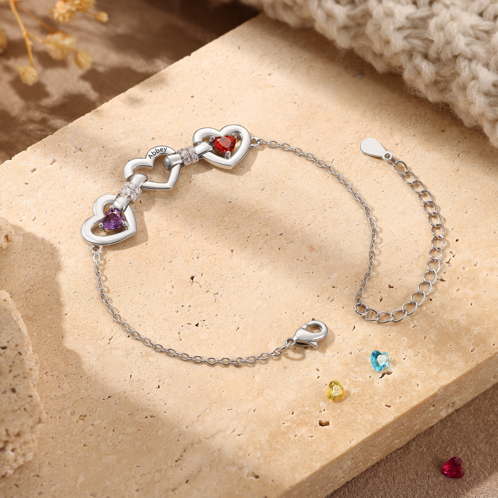 Personalised 1-4 Names Birthstone Linked Hearts Bracelet