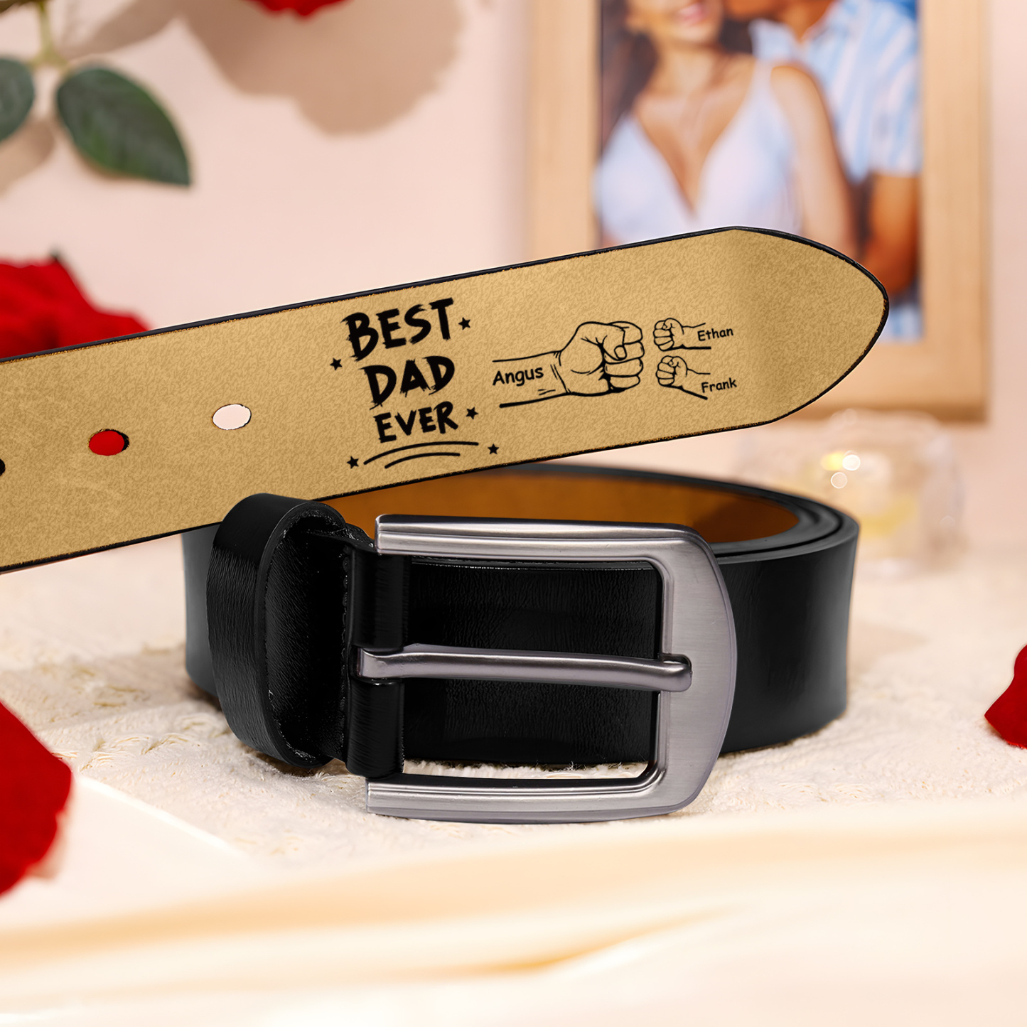 Personalised Belt Custom 2-6 Names Leather Belt with Fist Bump Gift for Him | Father’s Day Gift | Jessemade