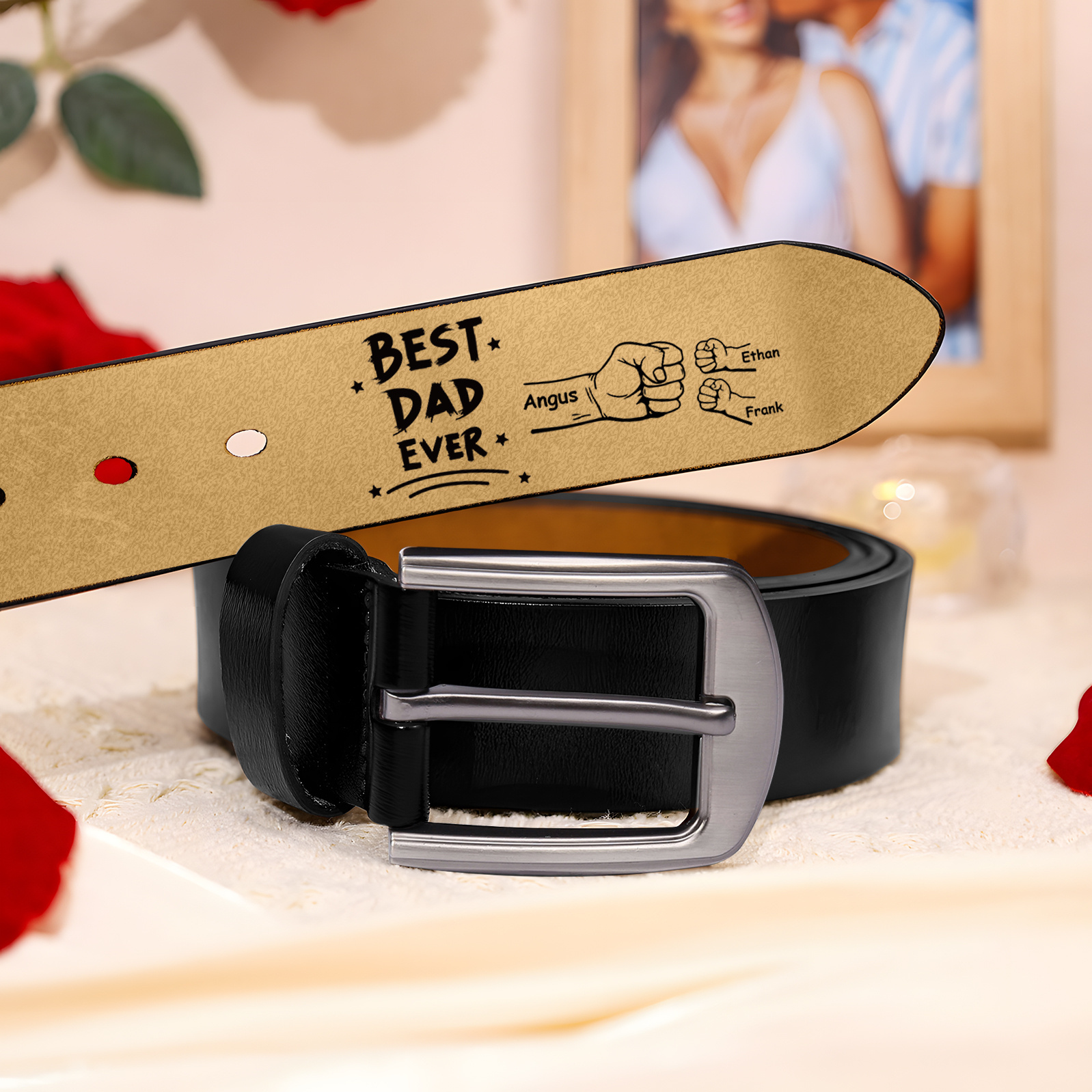 Personalised Belt Custom 2-6 Names Leather Belt with Fist Bump Gift for Him | Father’s Day Gift | Jessemade