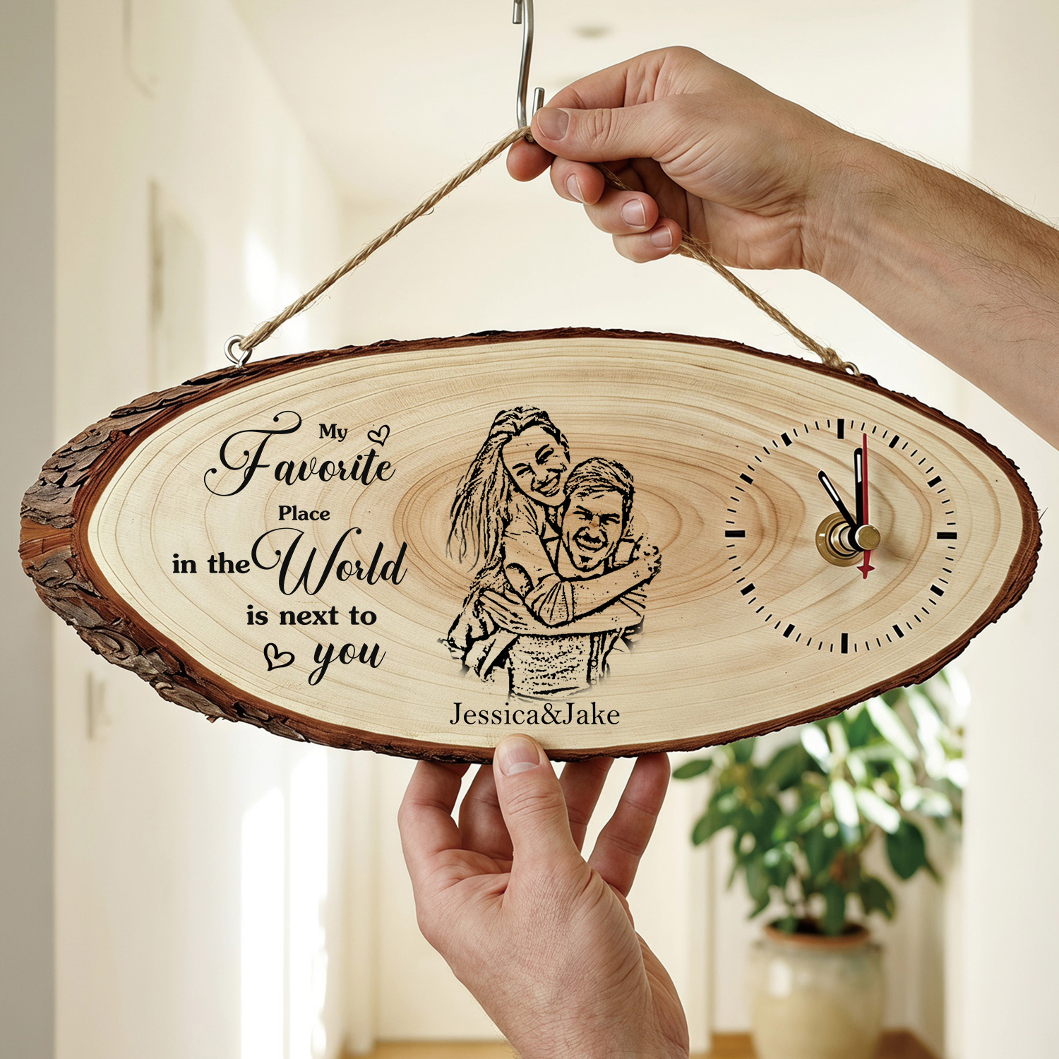 Personalised Wooden Wall Clock with Couple’s Photo, 2 Names and Custom Photo