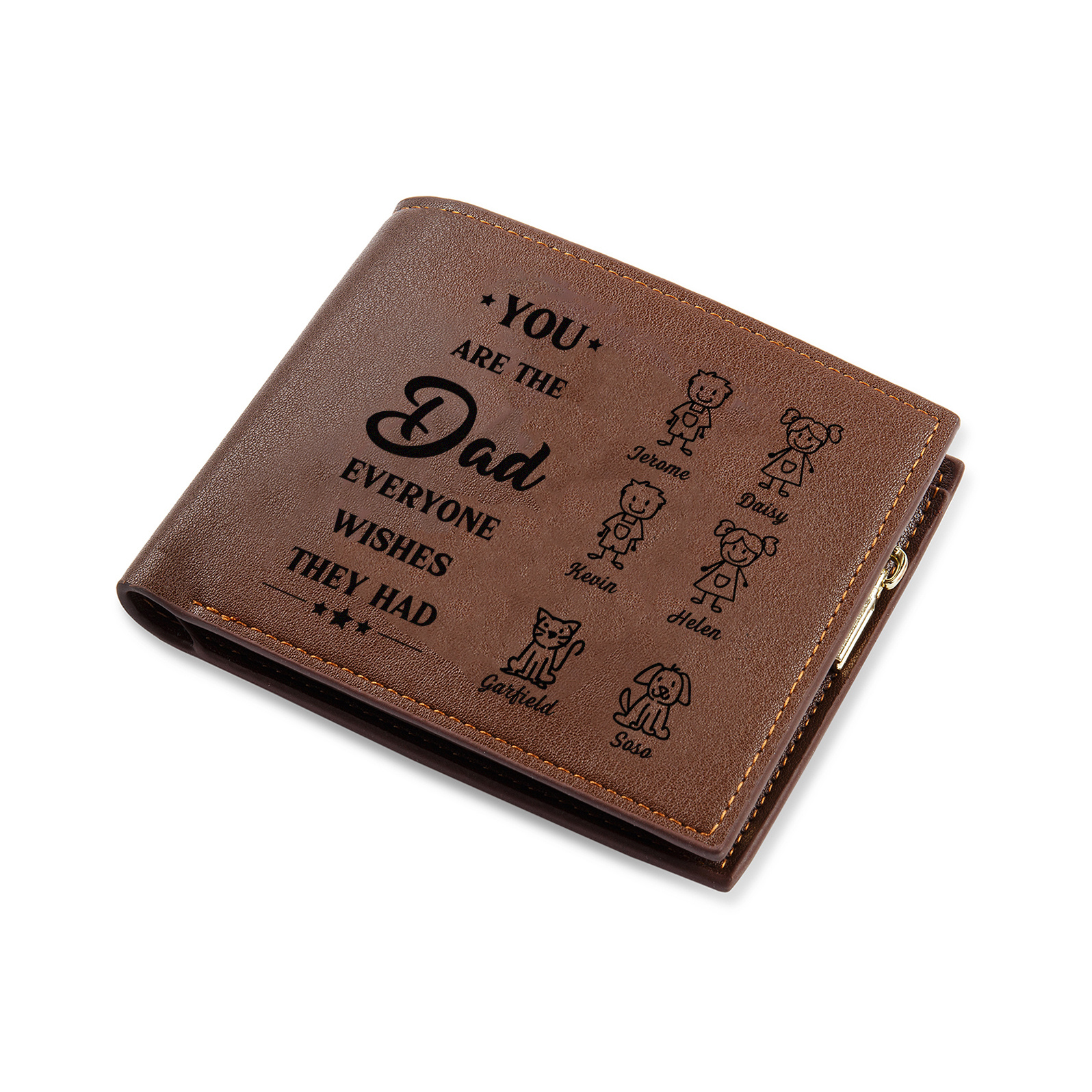 Personalised Men's PU Leather Wallet – Kids Doodle, 1–6 Names & Photo Engraving