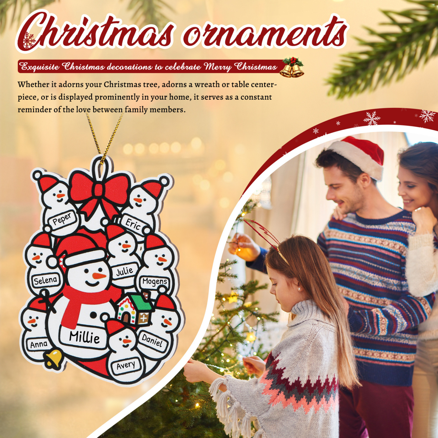 Personalised  Wooden Christmas Tree Decoration Snowman Family Tree Ornament