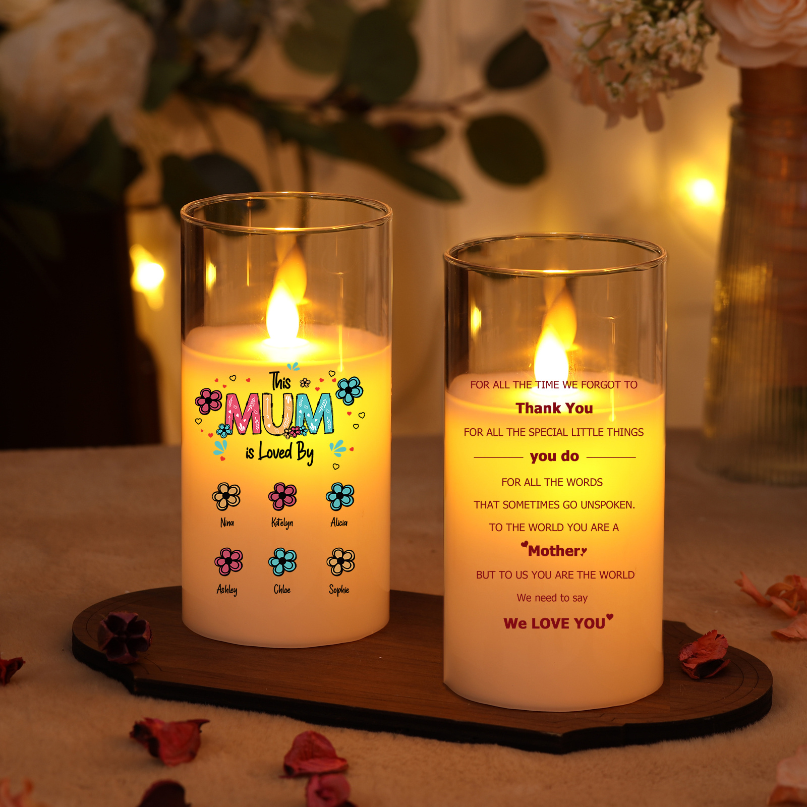Personalised LED Glass Candle Gift for Mum Custom Names Warm Home Décor Ideal for Mother’s Day Birthday Christmas to Cherish Your Mum | Jessemade