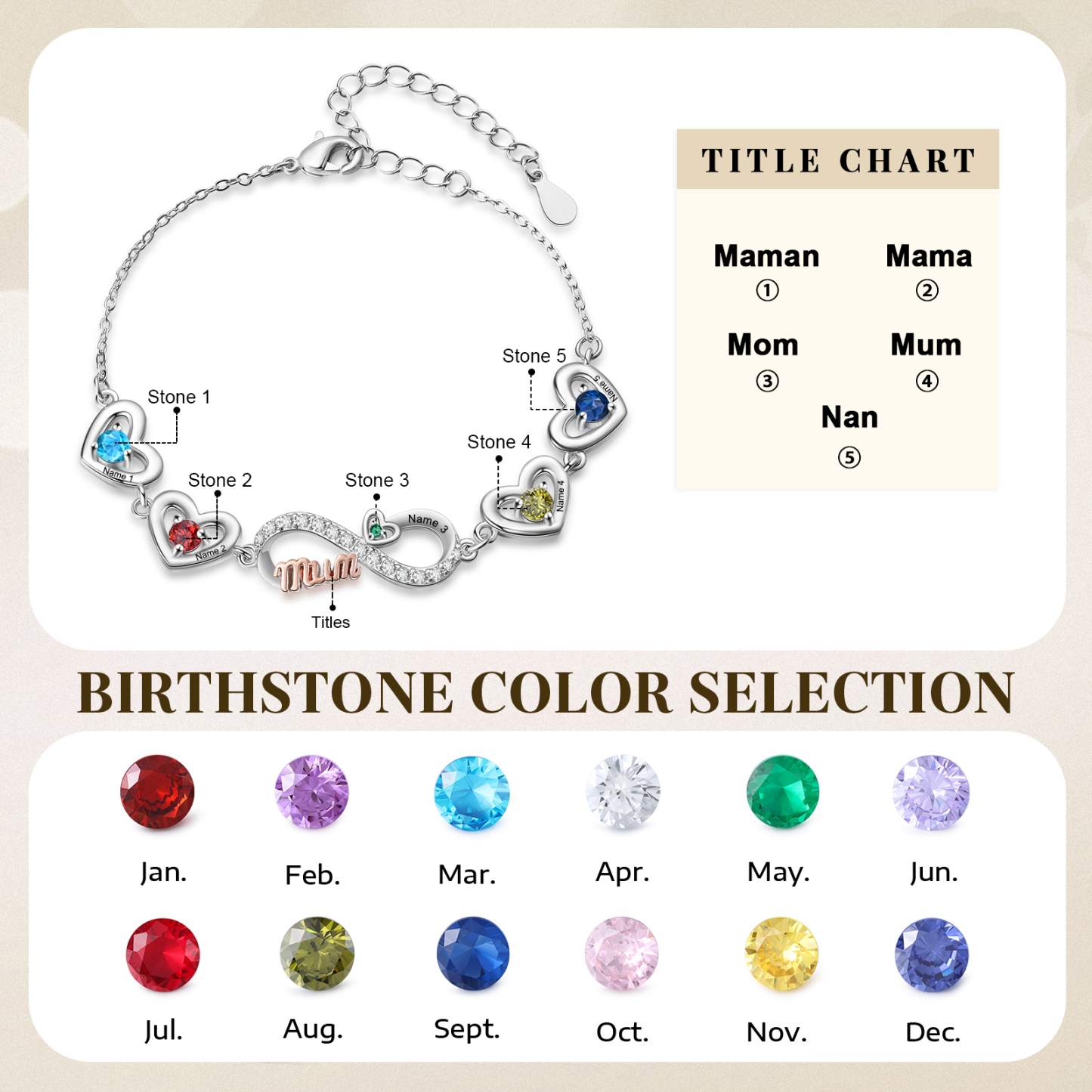 Personalised 2-6 Names Infinity Mum Heart Birthstone Bracelet