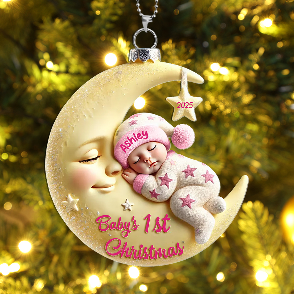Acrylic Christmas Tree Decoration - Baby on the Moon - Baby's First Christmas