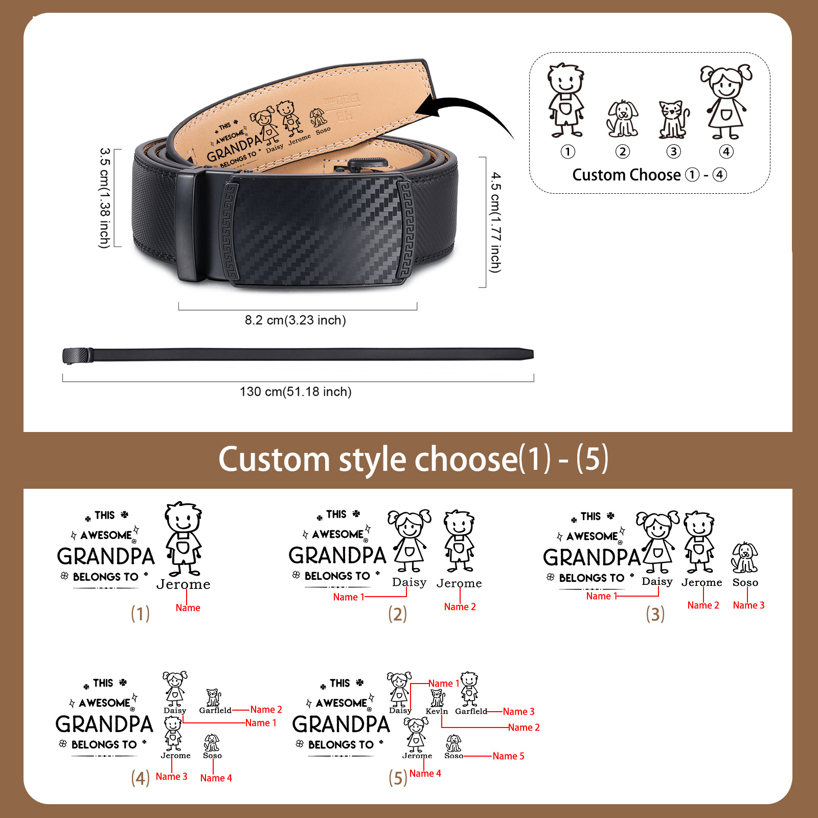 Personalised Leather Belt with 1-5 Grandkids' Names Gift for Grandpa | Jessemade