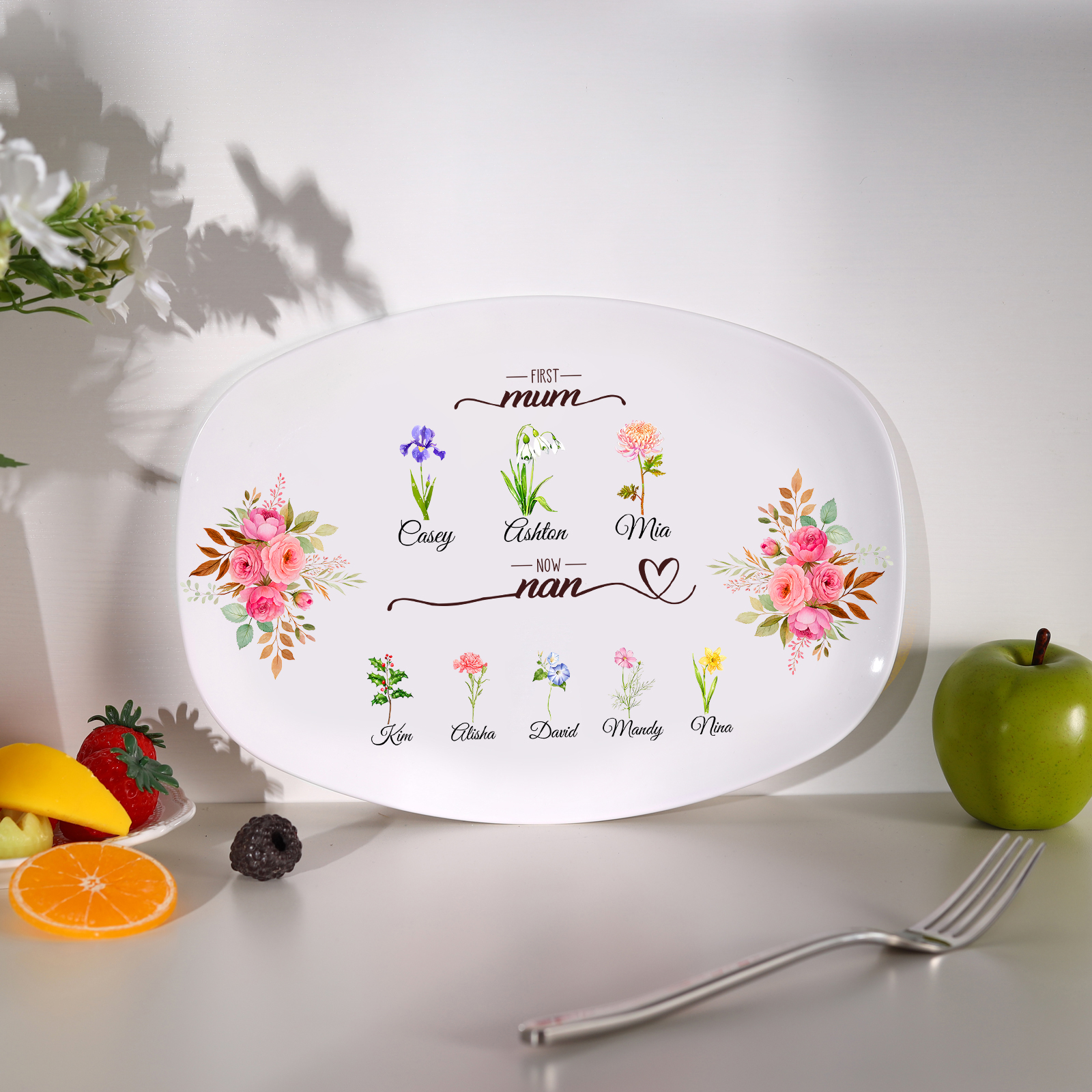 Oval Plate with a floral motif "First Mum, now Nan"