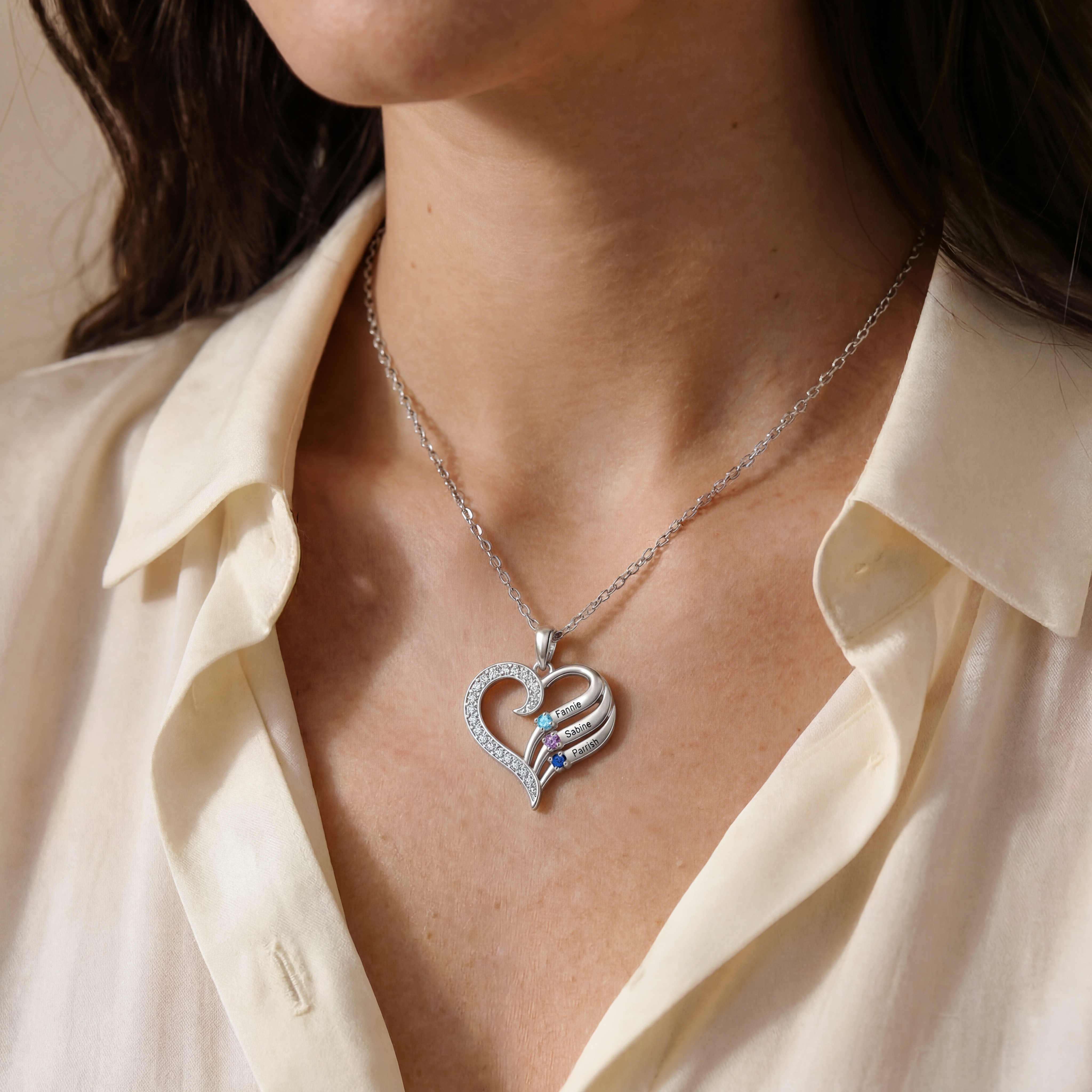 Personalised Heart Necklace with Birthstones, Customised with 2–4 Family Names