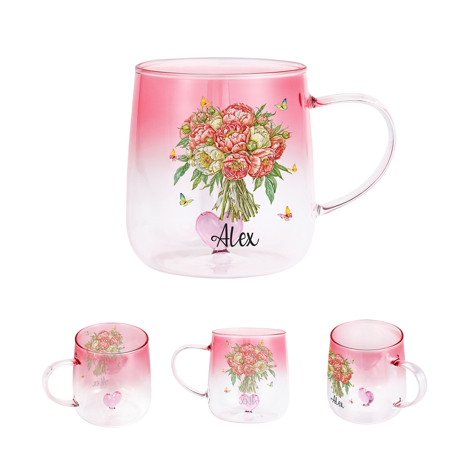 Personalised Name Birth Flower Ombre Pink Glass Mug