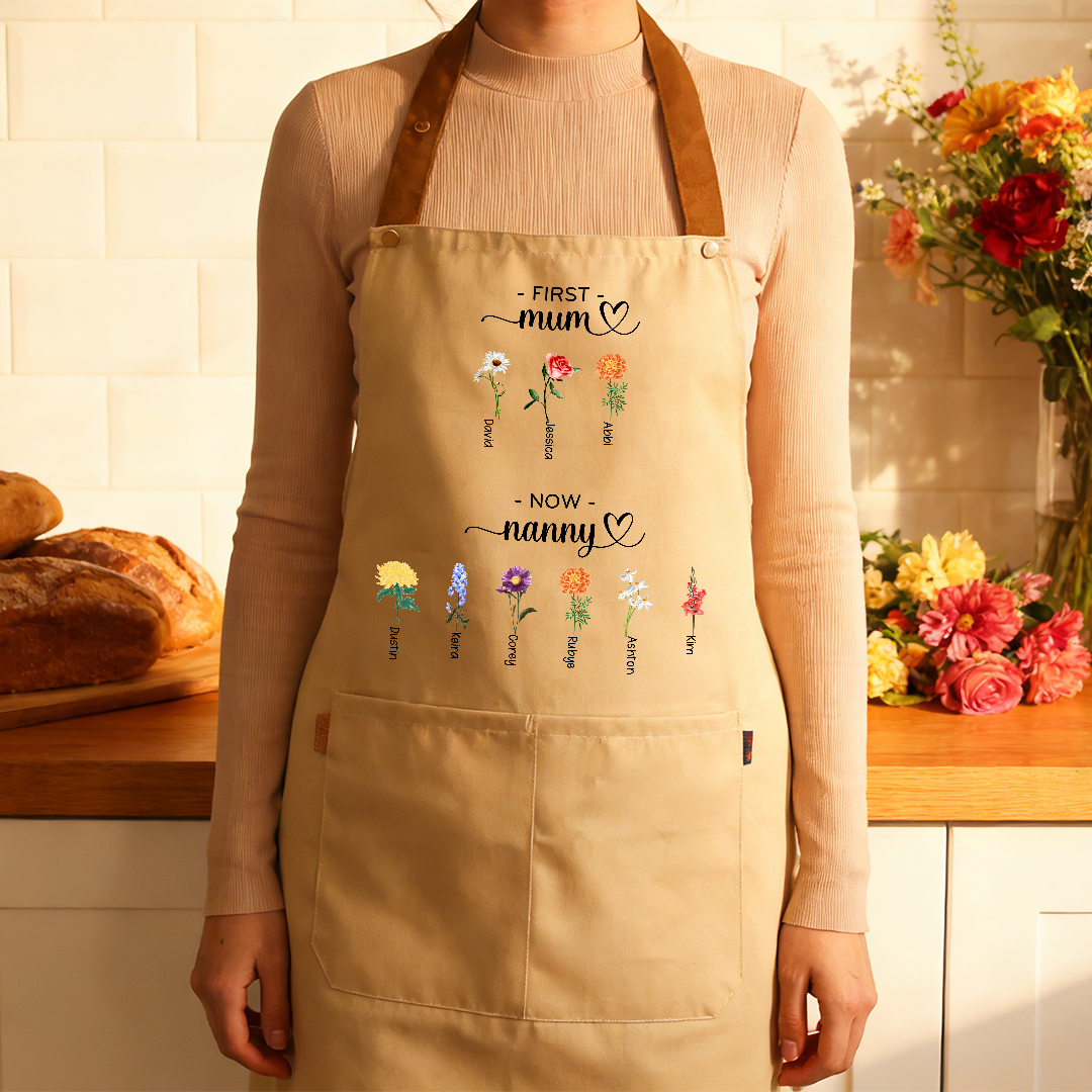 Personalised Apron “First Mum, Now Grandma” Customised with 2–16 Names and Birth Flowers