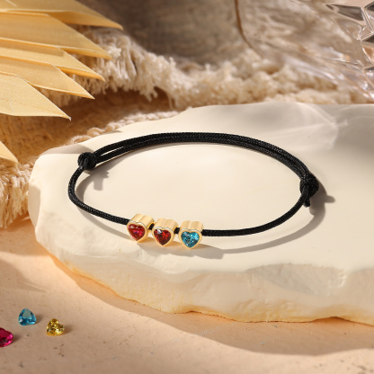 Personalised 2-5 Heart Birthstones Adjustable Rope Bracelet