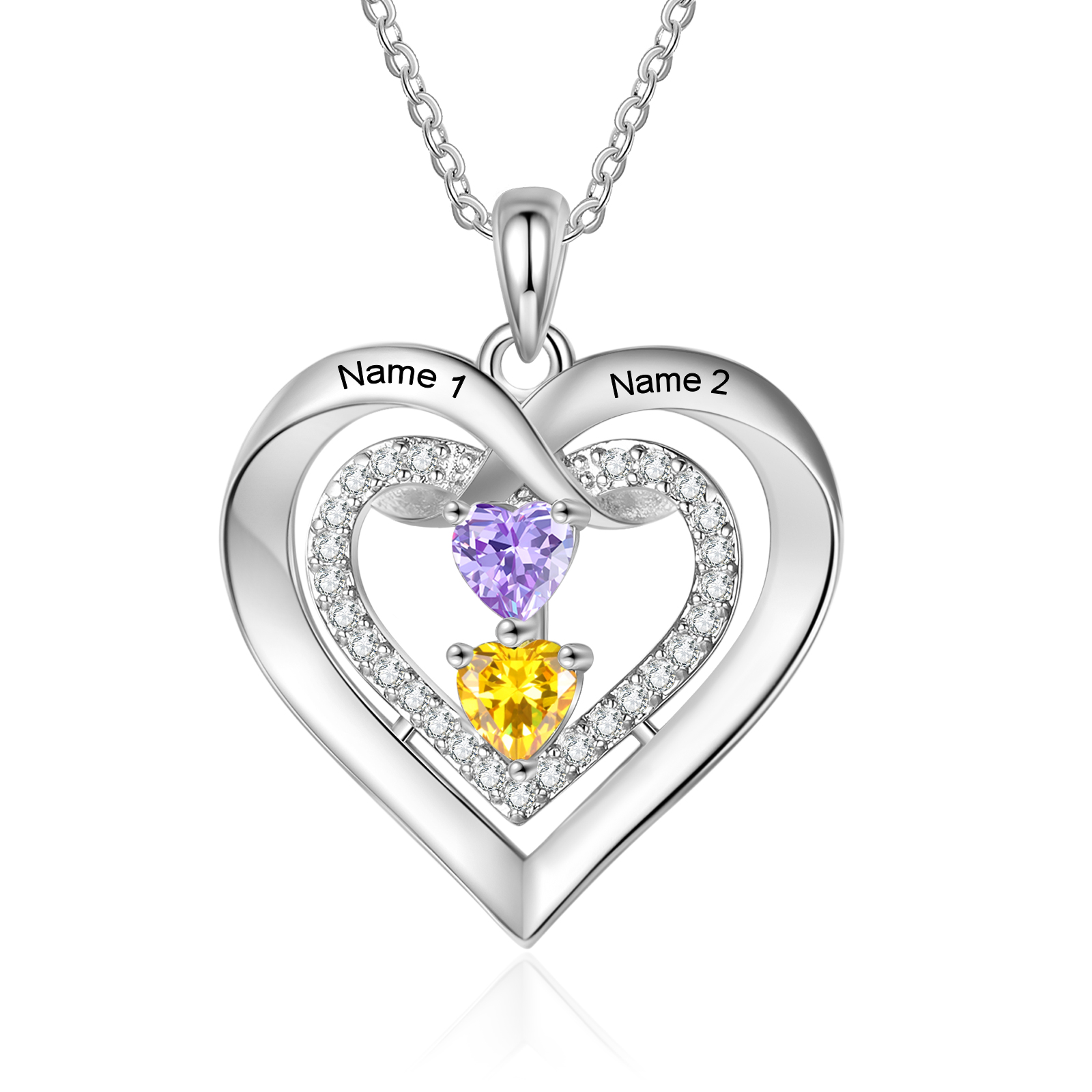 Personalised Double Heart 2-4 Birthstones Name Necklace