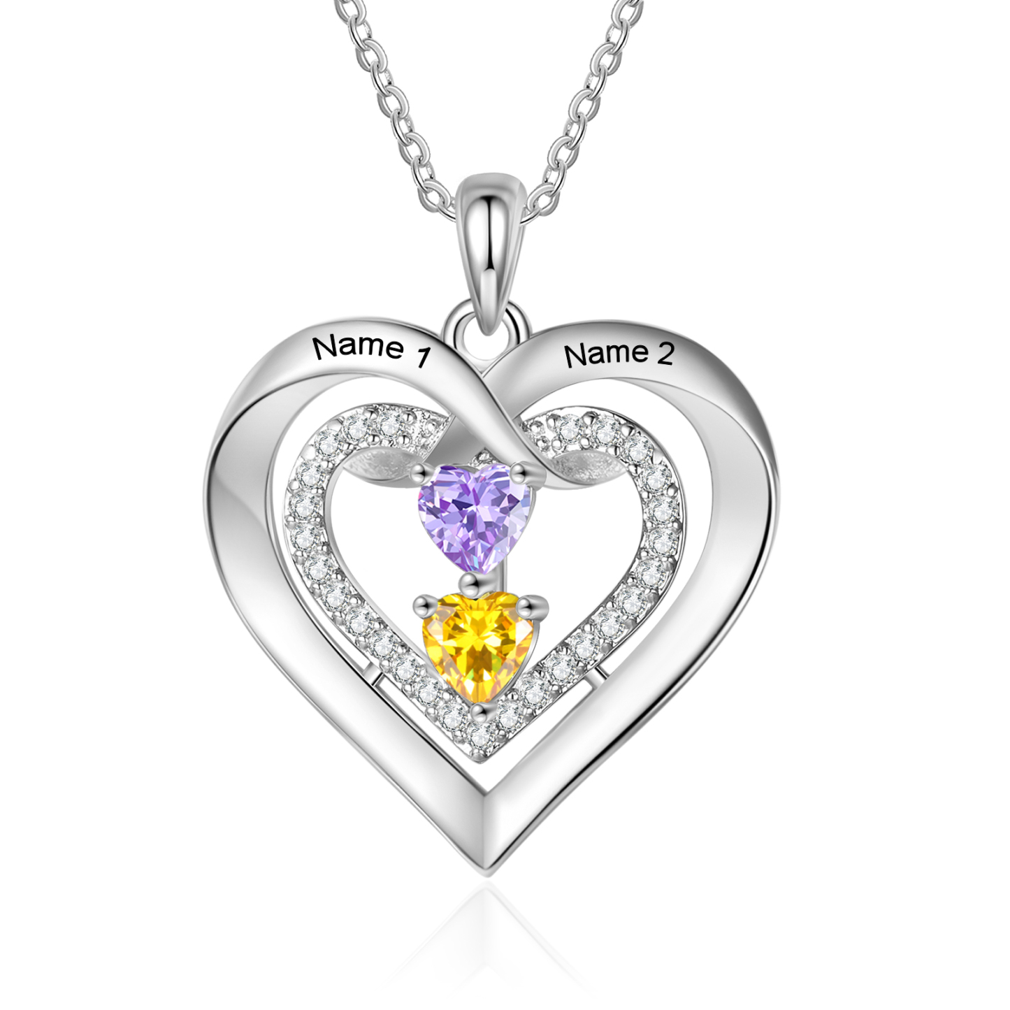 Personalised Double Heart 2-4 Birthstones Name Necklace
