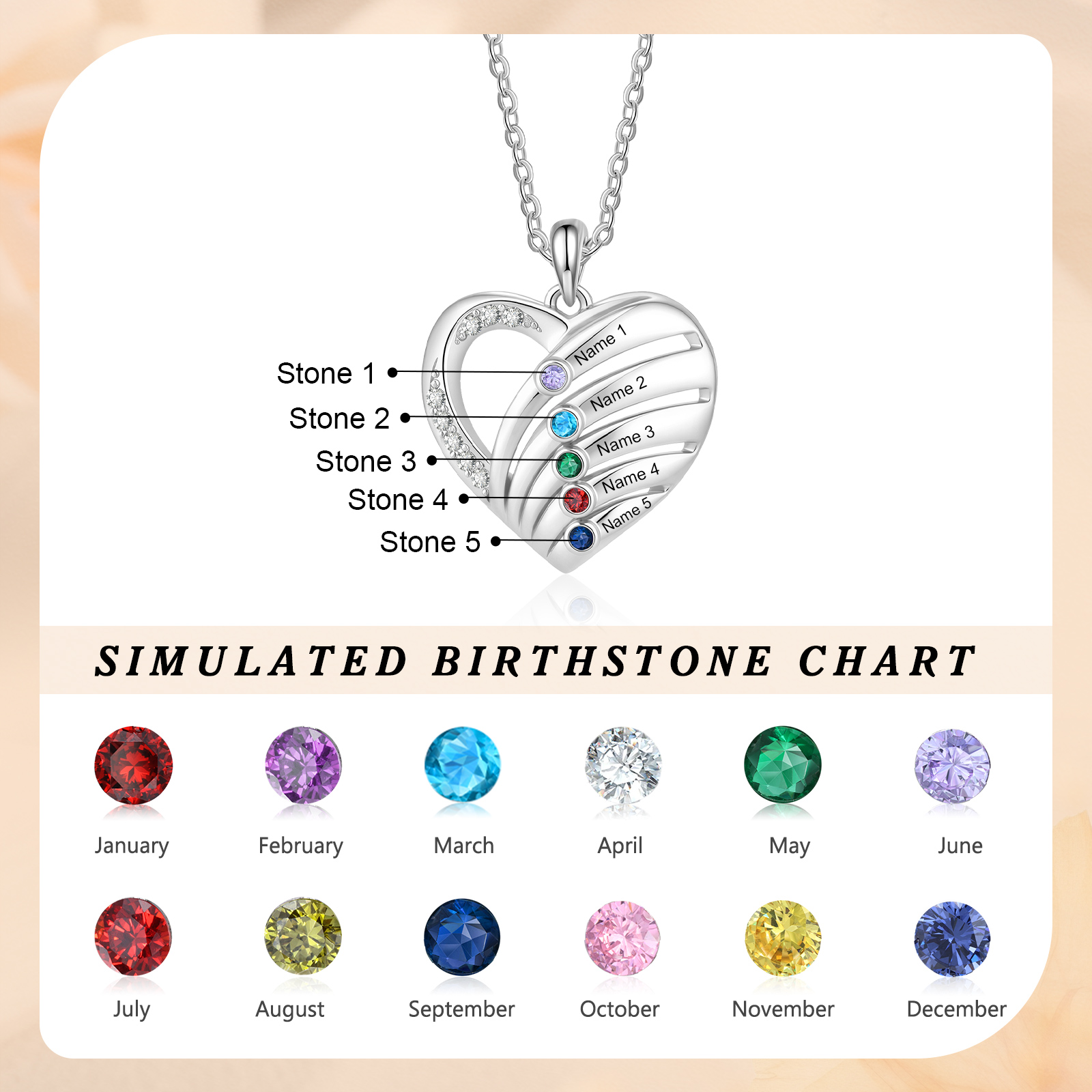 Personalised Heart Necklace with Birthstones, Customised with 3–5 Names and Stones