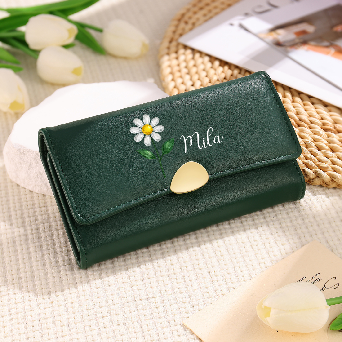 Personalised Long Women’s Leather Wallet with Birth Flower and Name