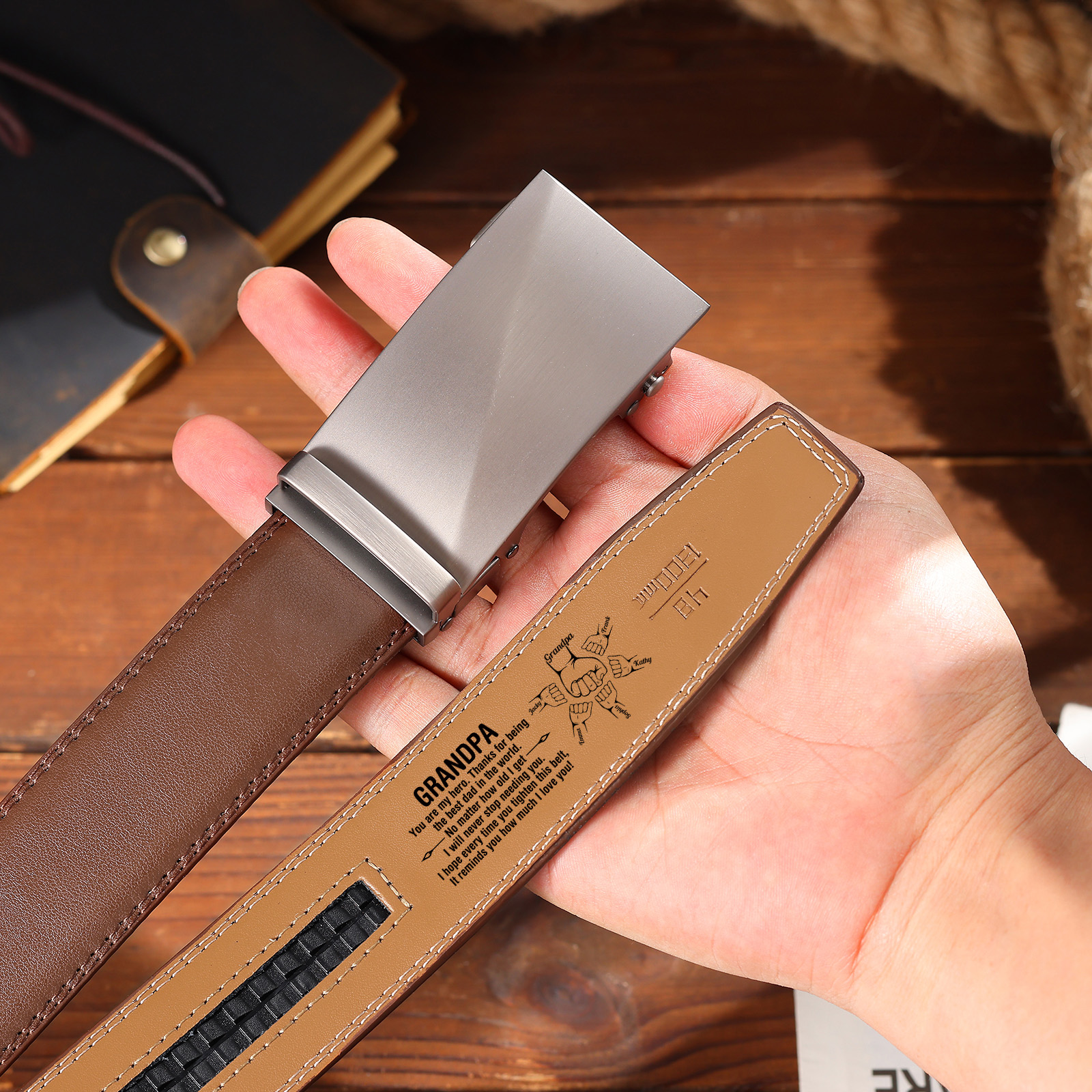 To My Grandpa - Personalised Leather Belt with 2-6 Names and Fist, Grandparents Day Gift for Granddad | Jessemade