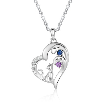 Personalised Cat Heart Necklace with Birthstones