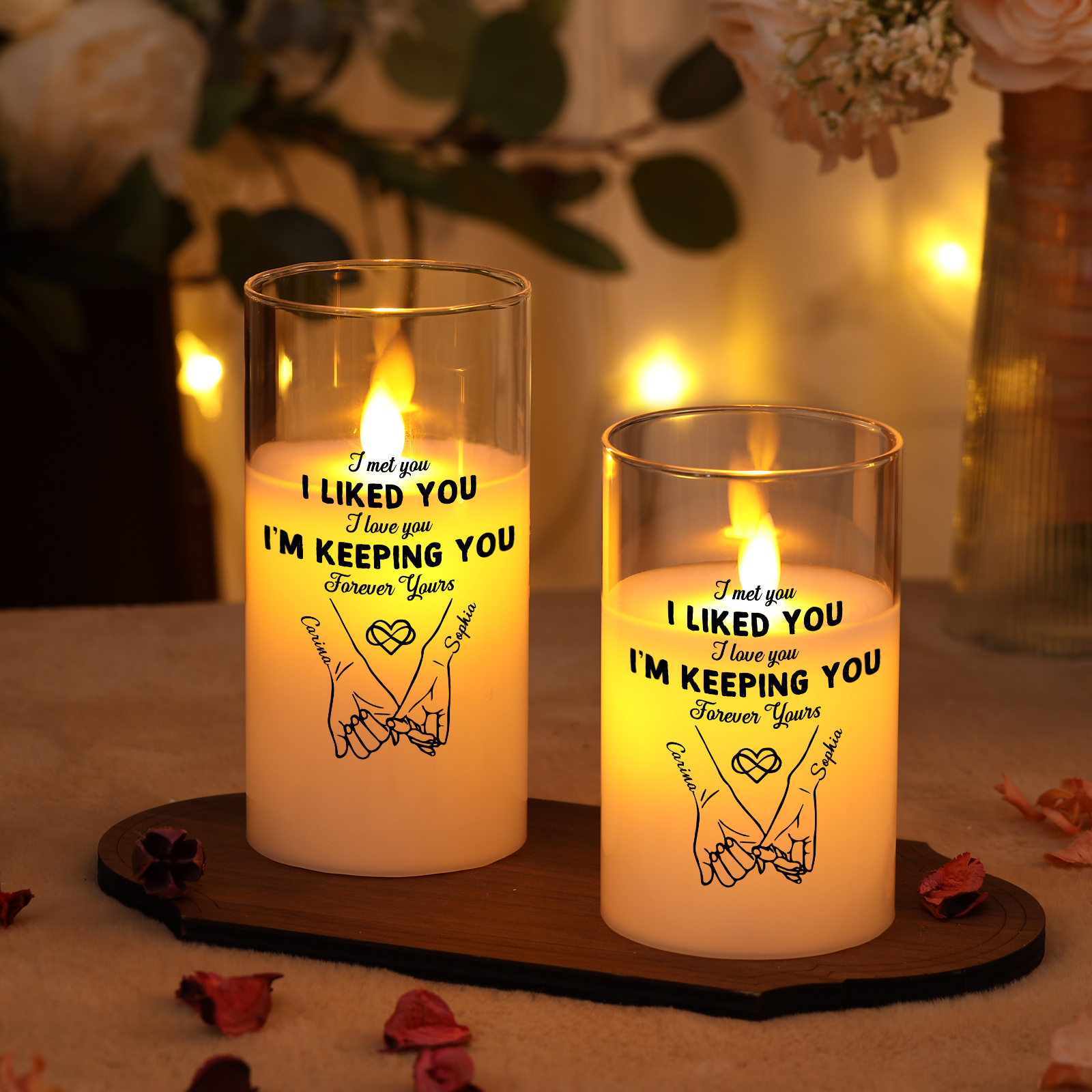 Personalised LED Candle with Names on the Glass – Romantic Gift for a Couple