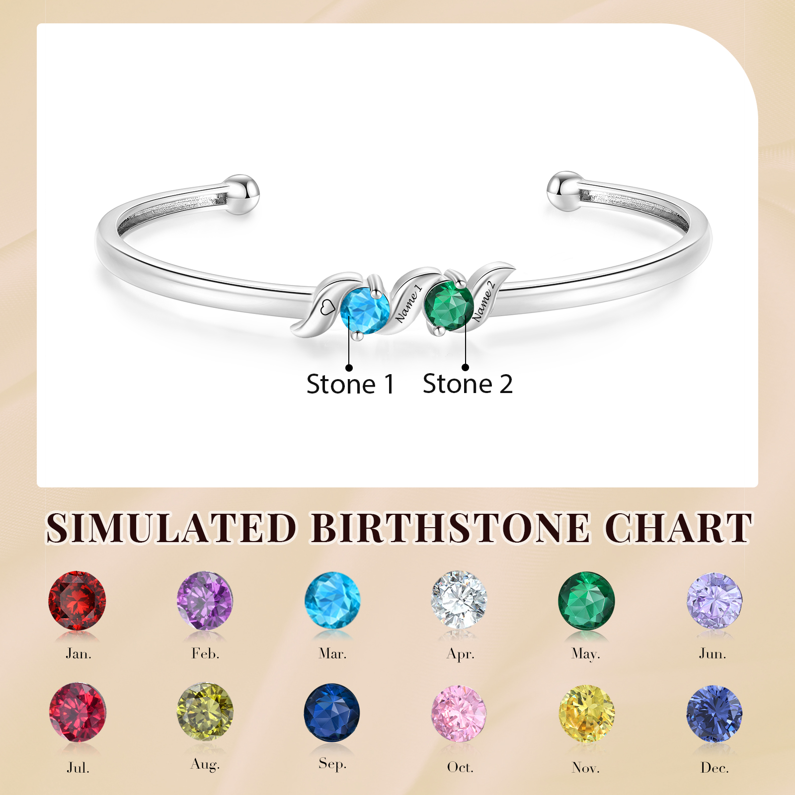 Personalised Women’s Birthstone Bangle Family Bracelet Customised with 1–5 Names and Stones