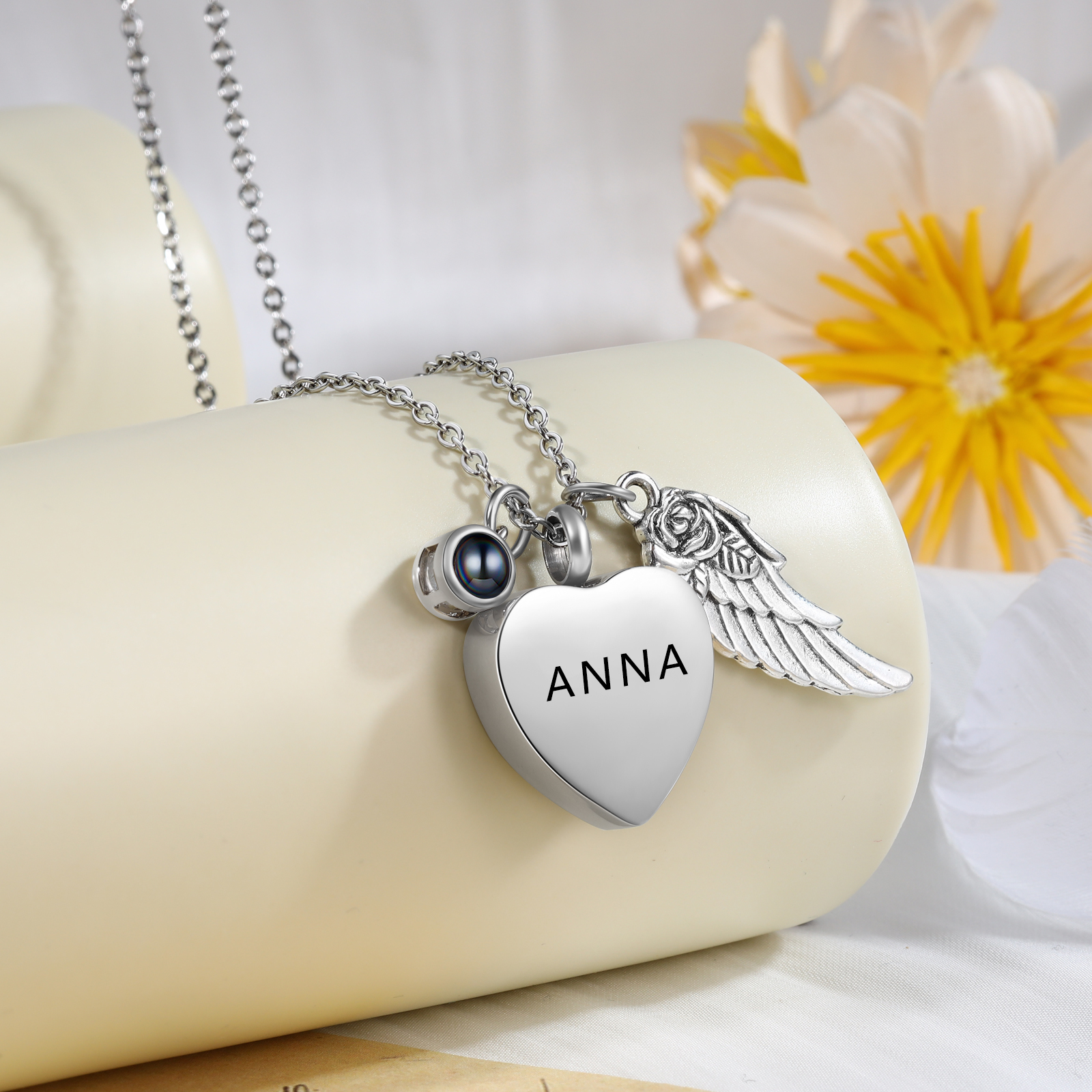 Personalised Memorial Heart Necklace with Angel Wing