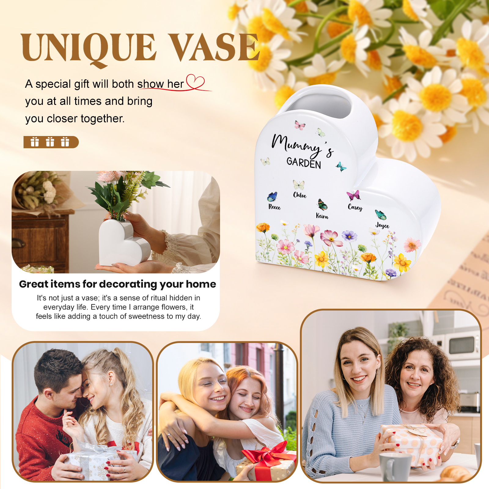 Personalised Ceramic Heart Vase with 1–10 Names and Butterflies for Mum or Grandma